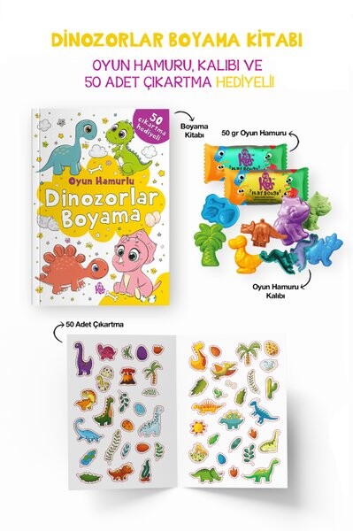 Dinozorlar Boyama Kitabı - Oyun Hamuru Kalıbı ve 50 Adet Çıkartma Hediyeli 3 + Yaş