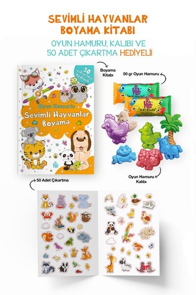 Sevimli Hayvanlar Boyama Kitabı - Oyun Hamuru Kalıbı ve 50 Adet Çıkartma Hediyeli 3 + Yaş
