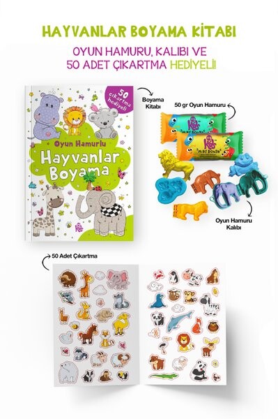 Hayvanlar Boyama Kitabı - Oyun Hamuru Kalıbı ve 50 Adet Çıkartma Hediyeli 3 + Yaş